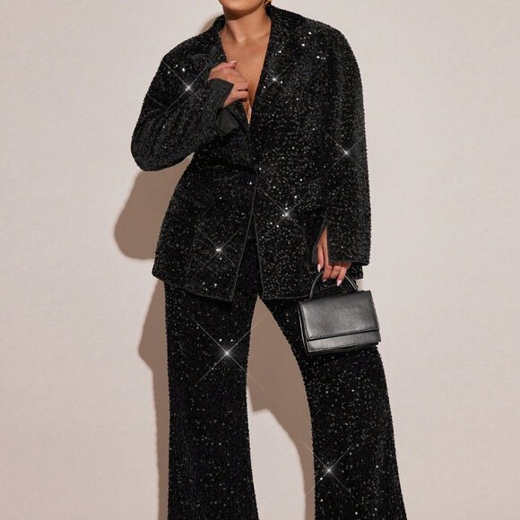 Black Party Women's Plus Size Glitter Sequined Long Sleeve Jacket - Picture 3 of 9